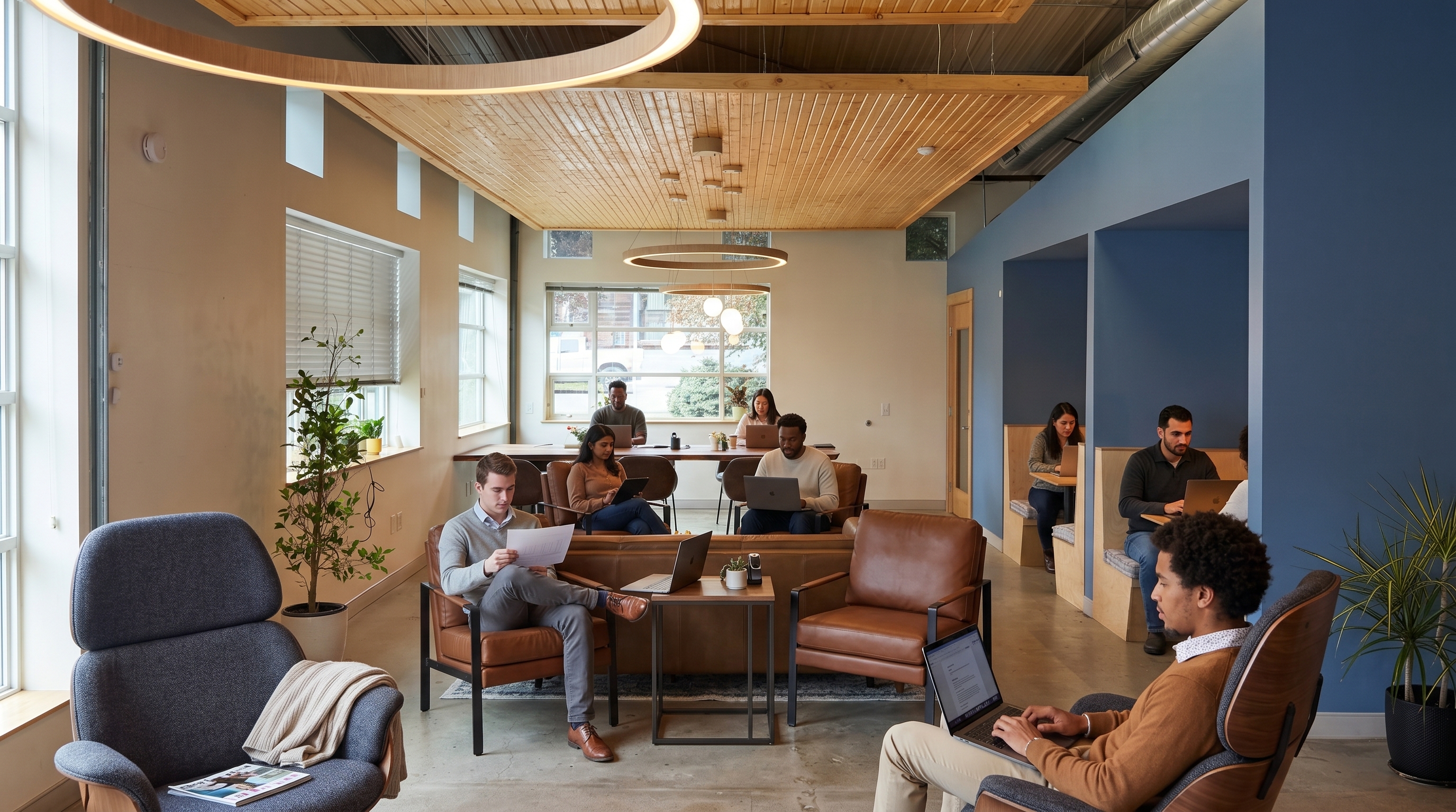 The DSR coworking lounge with seating, desks, and phone booths