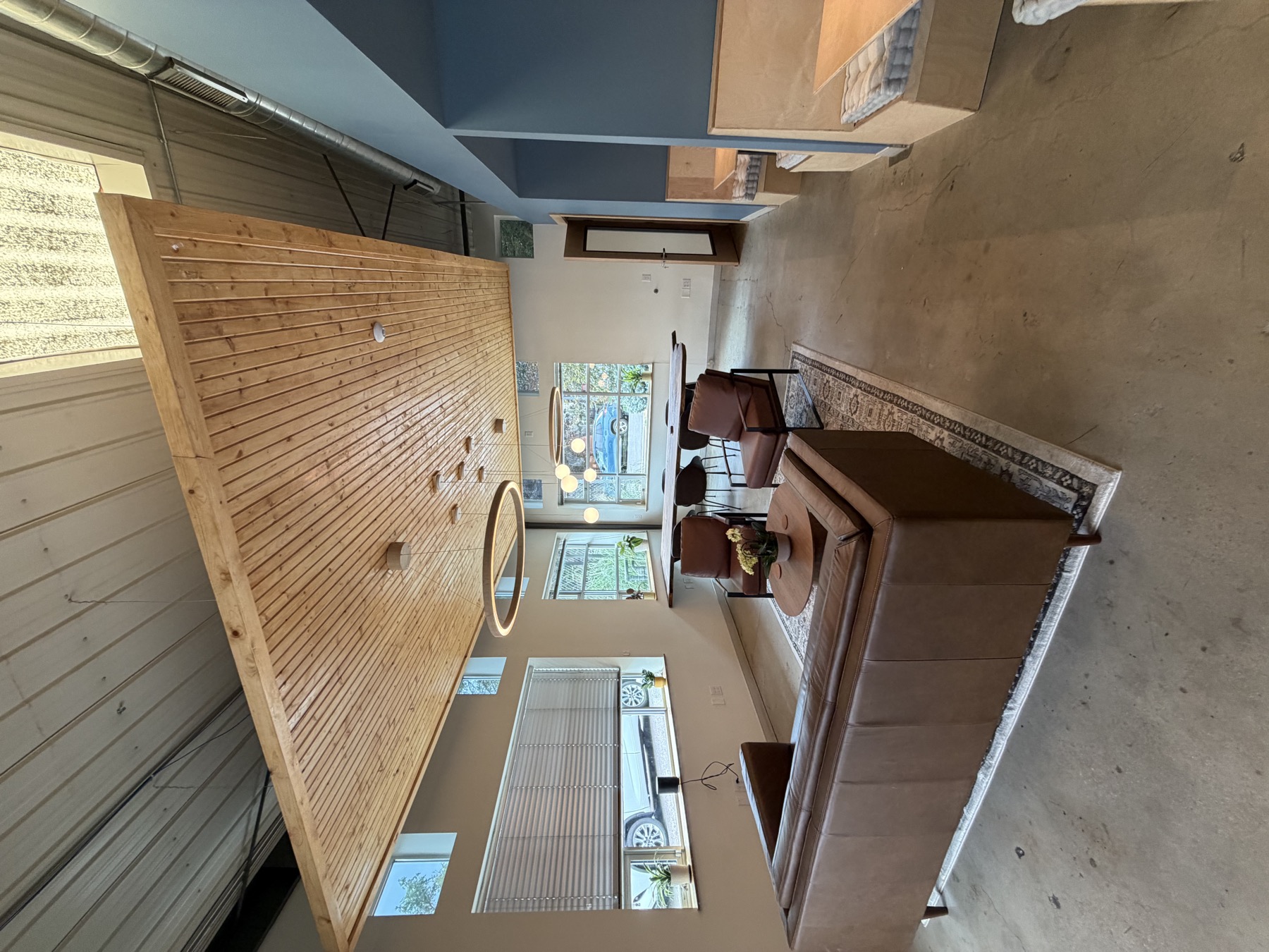 Lounge seating under the wood ceiling